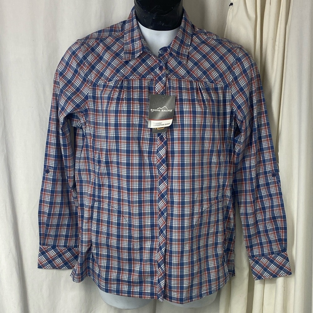 NEW Eddie Bauer XL Travex Expedition Top Button Down Miss Plaid Yoke Tunic NWT